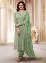 Chinnon Silk Pista Green Wedding Wear Embroidery Work Straight Suit